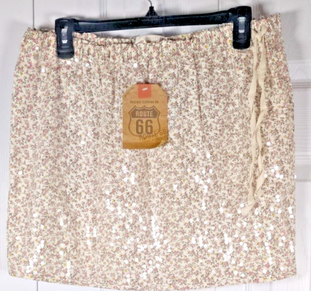 NWT Vintage Y2K Route 66 Floral Print Sequin Mini Skirt Womens 11/12 White Pink